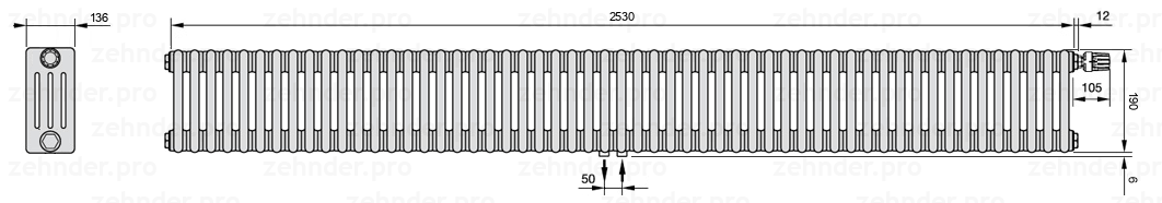 Схема (чертеж) Радиатор Zehnder Charleston 4019/55 №V008 Белый глянцевый RAL 9016